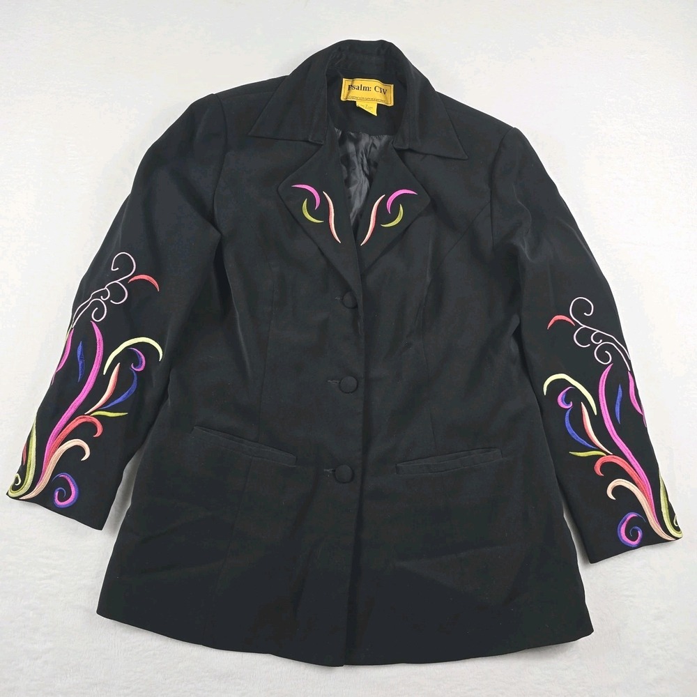Psalm CIV Women's Jacket Vintage Size 18‎ Black Embroidered Colorful